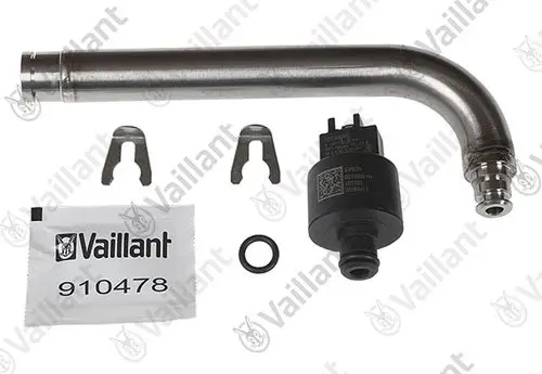 Vaillant Rohr mit Sensor, kombiniert mit zwei Halterungen und einem O-Ring, in einem weißen Beutel verpackt. Komponenten für Heiz- oder Klimatechnik.